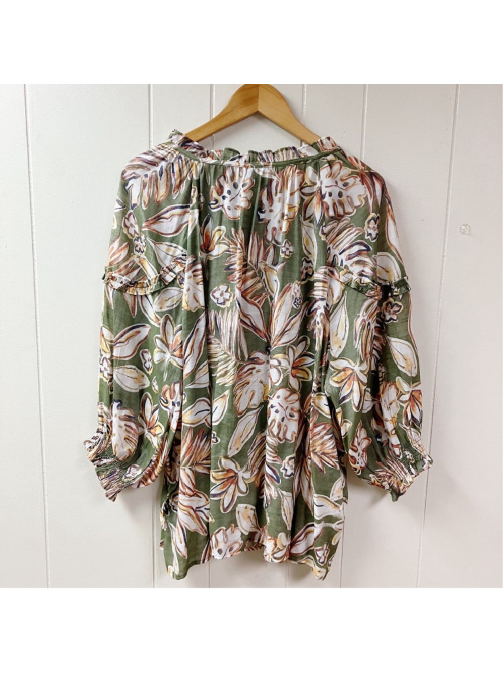 Fall Transition Autumn Leaf Peasant Tunic Blouse Plus SZ 3X Green Boho Ruffled - Picture 4 of 8